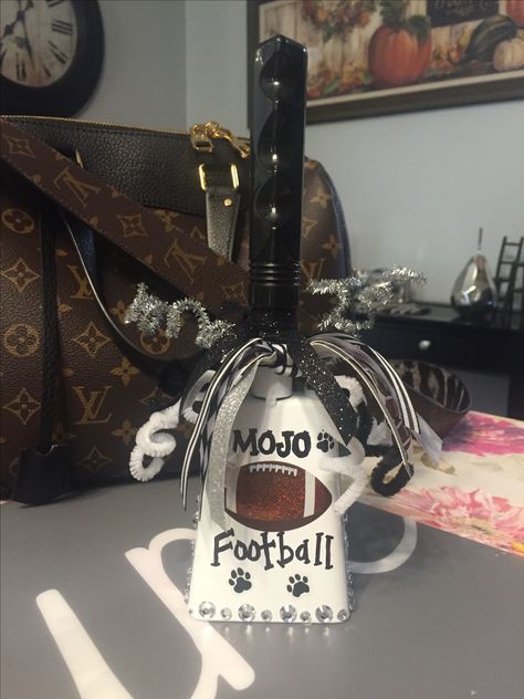 Mojo cowbell Decorated Cowbells For Football, Cow Bell Decor Ideas Football, Football Cowbell Ideas, Cowbell Decorations Football, Cow Bell Decor Ideas, Football Cowbells, Cowbell Decorations, Cow Bell Decor, Bell Decor