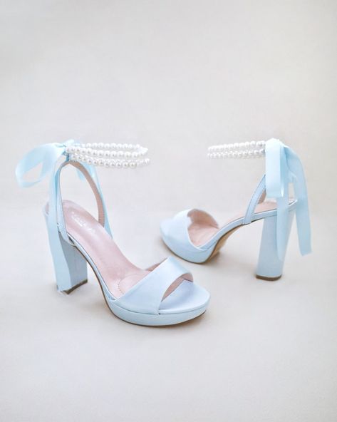 Light Blue Satin Platform Block Heel Wedding Sandals With Double Pearls Ankle Strap Women Wedding Shoes, Bridal High Heel, Wedding Heels - Etsy Light Blue High Heels, Blue Wedding Sandals, Blue Heels Wedding, Homecoming Heels, Light Blue Heels, High Heels For Prom, Homecoming Shoes, Pretty Sneakers, Blue High Heels