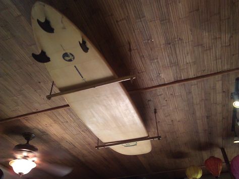 Bamboo Surfboard Ceiling Rack Surfboard On Ceiling, Hanging Surfboard From Ceiling, Surfboard Ceiling Rack, Surfboard In Bedroom, Surfboard Ceiling, Hanging Surfboard, Surfboard Room, Paddle Board Storage, Terrace House Exterior