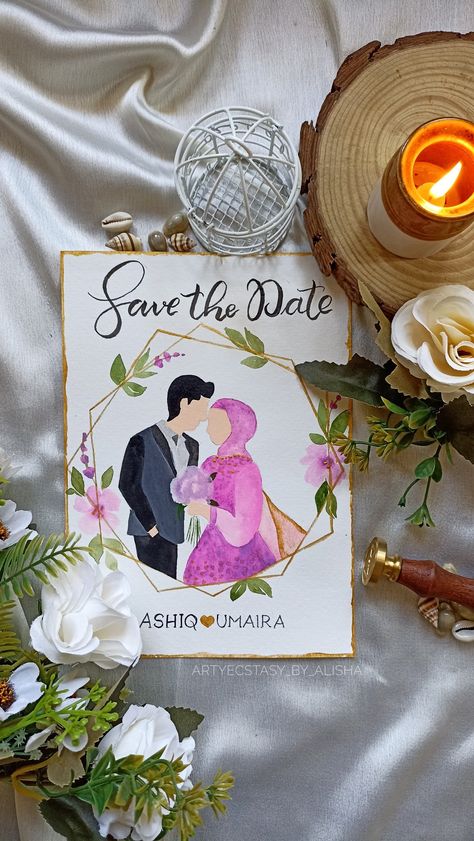 Floral save the date card with couple illustration Save The Date Couple Cartoon, Save The Date Drawing Ideas, Save The Date Background Design Floral, Floral Background Save The Date, Save The Date Cartoon, Save The Date Background, Date Background, Groom Cartoon, Engagement Frames