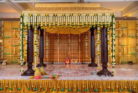 Traditional & Classy south Indian Wedding Mandap Decor with flowers and bells.. Decor @wedbyd.events Follow www.decorsutrablog.com for Ideas about Indian Wedding Decor Email your original pictures to @decorsutrablog@gmail.com to get featured. #wedmegood #weddingsutra #shaadisaga #shaadimagic #weddingz #WeddingInspiration #decoration #weddinginspo #instawedding #weddingflowers #haldiceremony #weddingreception #traditionalwedding #engagementdecor #weddingdetails #indianweddings #shaadi #dreamw Marriage Hall Decoration, Hindu Wedding Decorations, Mandap Decoration, Indian Wedding Stage, Engagement Stage Decoration, Mandap Design, Reception Stage Decor, Simple Stage Decorations, Wedding Stage Backdrop