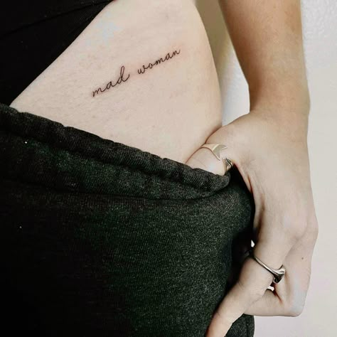 Taylor Swift Hip Tattoo, Taylor Swift Tattoo Mad Woman, Mad Women Tattoo, Pelvic Hip Tattoo, Mad Woman Taylor Swift Tattoo, Tattoo Ideas Female Taylor Swift, Ts Tattoos, Taylor Swift Tiny Tattoo, Mad Woman Tattoo