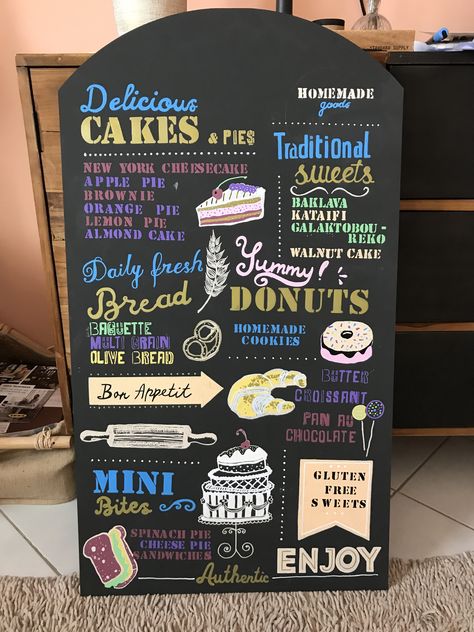 Chalkboard menu cafe bakery Farmers Market Menu Board, Bakery Chalkboard Signs, Outdoor Menu Board, Bakery Menu Board, Chalkboard Menu Ideas, Bakery Chalkboard, Chalkboard Cafe, Coastal Cafe, Chalkboard Menu Board