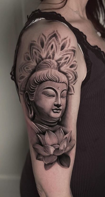 << Check out more Buddha Tattoos, Ideas and Meanings #tattoomenow #tattooideas #tattoodesigns #tattoos #buddha #spiritual #buddhist Thai Buddha Tattoo, Tattoos Buddha, Sculpture Tattoo, Buddha Tattoo Ideas, Traditional Thai Tattoo, Buddha Background, Buddha Spiritual, Thailand Traditional, Traditional Tattoo Designs