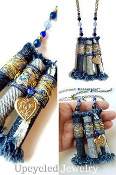 Artisanats Denim, Mens Leather Jewelry, Jewelry To Make, Leather Jewelry Making, Fiber Art Jewelry, Leather Jewelry Diy, Upcycled Fabric, Denim Jewelry, Fiber Jewelry