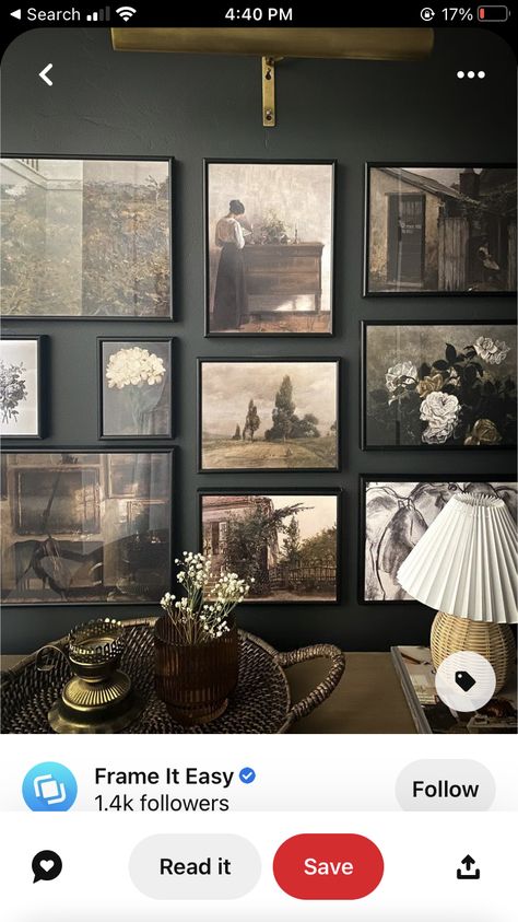 Pictures On Dark Wall, Farmhouse Living Room Gallery Wall, Framed Picture Wall Ideas Bedroom, Moody Photo Wall, Sepia Photography Gallery Wall, Wall With Shelves Bedroom, Large Painting Gallery Wall, Modern Dark Academia House, Gallery Wall With Gold Frames