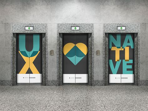 Elevator Door Design by Romain Super Elevator Doors Design, Fun Elevator Design, Lift Door Design, Elevator Door Design, Office Graphics, Lift Lobby, Door Signage, Office Signage, Elevator Design