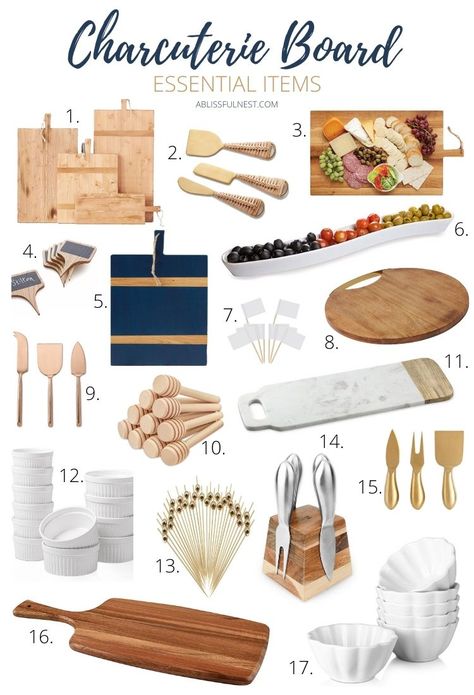 Build the ultimate charcuterie board with all these essential items to have on hand in your pantry. #ABlissfulNest #charcuterie #entertainingideas Charcuterie Board Food Items, Charcuterie Board Supplies, List Of Items For Charcuterie Board, Utensils For Charcuterie Board, Charcuterie Board Gift Accessories, Charcuterie Themed Gift Basket, Gifting A Charcuterie Board, Charcuterie Board Essentials, Charcuterie Essentials