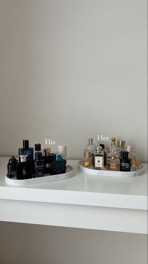 His And Her Perfume Display, Perfume And Cologne Organization, His And Hers Perfume Display, His And Hers Fragrance, His And Hers Decor, His And Her Fragrance, Fragrance Organization Ideas, Perfume Decor Ideas, Cologne Collection Display