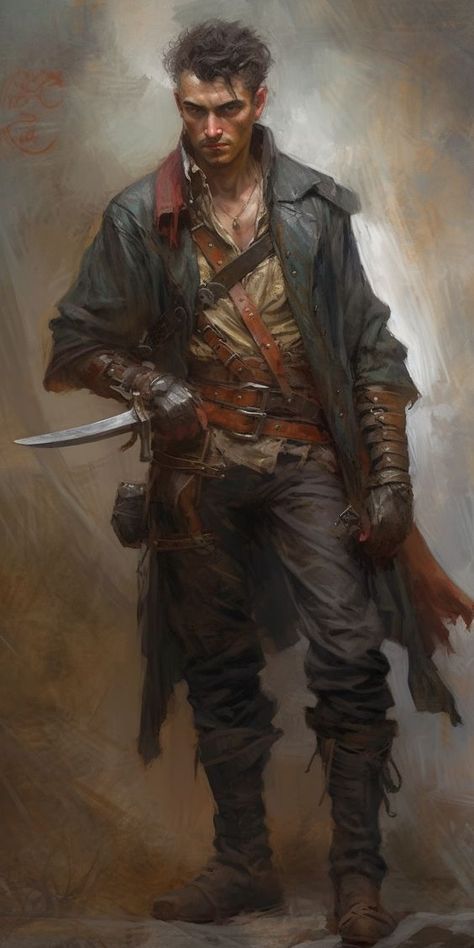 Bandit Leader Dnd, Dnd Rouge Art, Male Rogue Character Art, Rogue Character Design Male, Swashbuckler Dnd, Mercenary Concept Art, Rogue Character Art, D&d Npc, Fantasy Mercenary