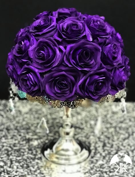 "PURPLE Rose Arrangement with PREMIUM Real Touch Silk Roses. PICK ROSE COLOR! 12\" Size Pictured SILVER STAND WITH CRYSTALS SOLD SEPARATELY : https://www.etsy.com/listing/739890999/silver-cake-stand-with-crystals-silver?ref=shop_home_active_33&frs=1 These beautiful roses have a real feel and look to them. Why spend thousands on real roses that are thrown away after your wedding or event? Display these as your wedding centerpiece and keep them to use as home decor or for special events and pa Quinceanera Purple, Royal Blue Centerpieces, Purple Quinceanera Theme, Purple Centerpiece, Burgundy Wedding Centerpieces, Purple Quinceanera, Blush Centerpiece, Purple And Silver Wedding, Purple Centerpieces