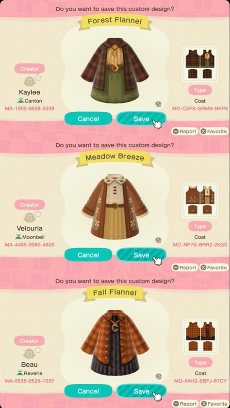 Acnh Cottage Core Outfit Code, Acnh Fall Themed Island, Forest Core Animal Crossing Villagers, Acnh Fall Clothes Design, Cottagecore Acnh Outfit Codes, Acnh Pro Designs Cardigan, Animal Crossing Fashion Cottagecore, Cottage Core Animal Crossing Clothes, Acnh Forestcore Clothes