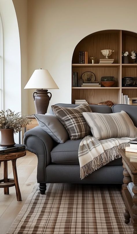 Gray Brown And White Living Room, Farmhouse Living Room With Gray Couch, Styling Brown Couch, Plaid Couch Living Room, Taupe Couch Living Room, Light Grey Leather Couch, Transitional Living Room Ideas, Taupe Couch, Gray Sofa Living Room