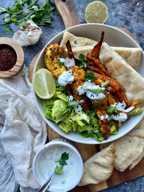 Tandoori Chicken Bowl, Tandoori Chicken Salad, Chicken And Sweet Potatoes, Chicken Roti, Gem Lettuce, Yoghurt Dip, Roti Bread, Chicken Pita, Yogurt Chicken