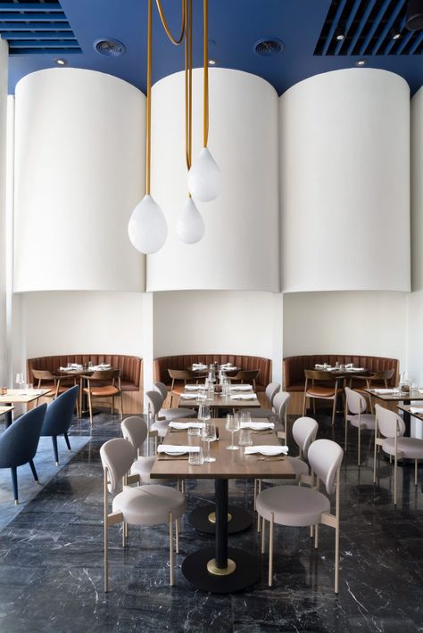 Contrasting elements fill Imperfecto restaurant in Washington DC by OOAK White Marble Bar, Leather Banquette, Restaurant Bar Design, Bar Design Awards, Wooden Table And Chairs, Restaurant Seating, Greek Restaurants, Stunning Interior Design, Private Dining Room