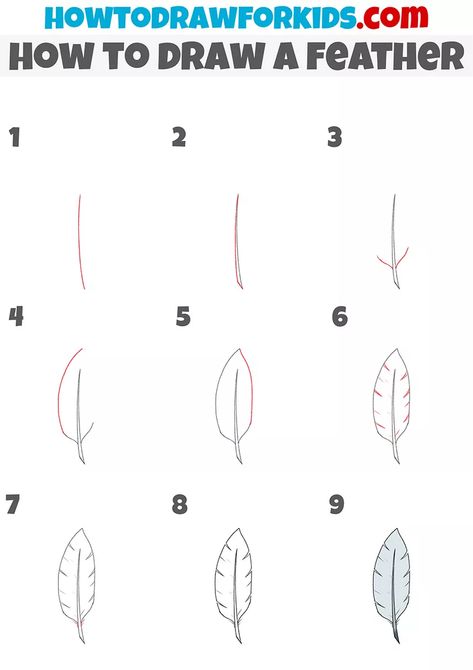 How to Draw a Feather Step by Step - Drawing Tutorial For Kids Drawing A Feather, How To Draw A Feather, Easy Feather Drawing, How To Draw Feathers, Drawing Feathers, Draw Birds, Drawing Basics, Feather Drawing, Nature School