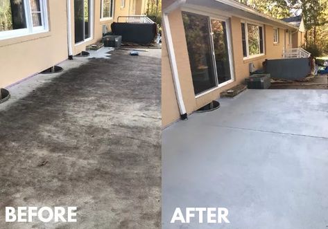 Easy Before and After Concrete Patio Makeover DIY | Hometalk Diy Patio Makeover, Vogue Decor, Diy Concrete Patio, Concrete Cleaner, Craftsman Style Doors, Old Concrete, Concrete Patio Makeover, Concrete Sealer, Diy Concrete