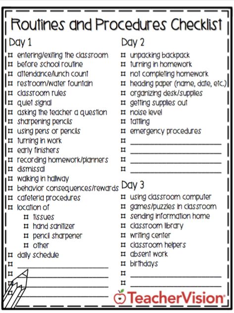 Use this back to school checklist to establish routines and procedures during the first three days of school. First Day Procedures Checklist, Back To School Night Stations, Teacher Checklist Before School Starts, First Week Of School Ideas 1st Grade, Procedures To Teach First Week Of School, First Day Of School Procedures, Preschool Procedures, First Day Of School Checklist, Procedures Checklist