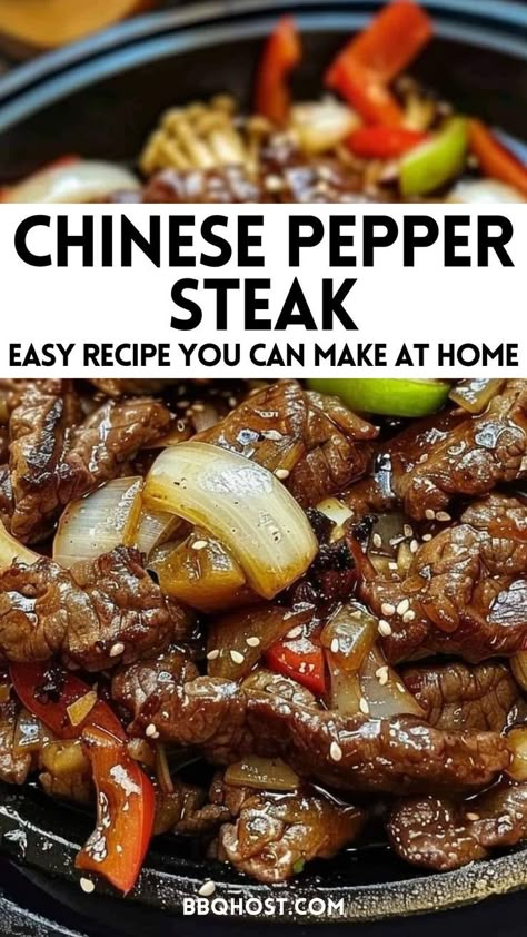 This sizzling Chinese pepper steak recipe is packed with tender beef, crispy onions, and a rich sauce that will take your dinner to the next level. It's an easy pepper steak recipe that's simple to make and always a hit. Serve it with rice for a complete, satisfying meal. Save this pin now and click through for the best Chinese pepper steak recipe that’s perfect for any night! Pepper Steak And Onions Chinese, Recipe With Steak Meat, Sizzling Chinese Pepper Steak With Onion, Ribeye Steak Stir Fry Recipes, Asian Pepper Steak Recipe, Sizzling Chinese Pepper Steak, Chinese Onion Pepper Steak, Recipe For Pepper Steak, Beef Tenderized Steak Recipes