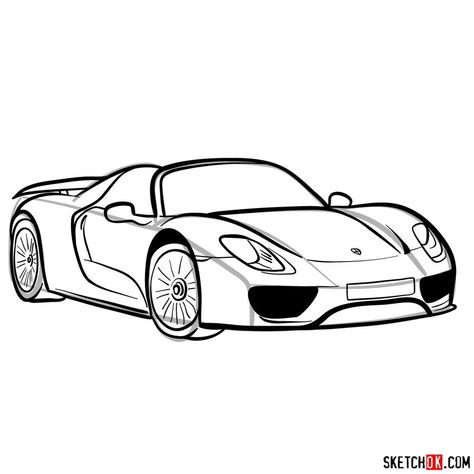 How to draw Porsche 918 Spyder Gtr Drawing Easy, Porshe Drawing Easy, Easy Cars Drawing, Porche Drawing Car, Porsche Drawing Easy, Porsche Drawing Sketch, Super Car Drawing, Supercar Drawing, Cars To Draw