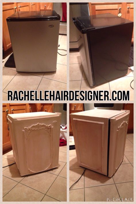 Redid the mini fridge for the salon....love. #shabbychic #fridgemakeover #chalkpaint #diy #minifridge Diy White Fridge Makeover, Hide Mini Fridge In Bedroom, Painted Mini Fridge, Fridge Redo, Mini Fridge Makeover, Mediteranian Home, Mini Fridge Decor, Painted Appliances, Mini Fridge In Bedroom