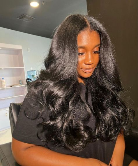 Blowout Hairstyles Black Women Long Hair, Loose Curls Long Hair Black Women, Silk Press Curled Ends, Middle Part Tape Ins, Sew In Blowout, Traditional Sew In With Leave Out Curly, Blowout Sew In, Curled Sew In, Middle Part Sew In With Layers