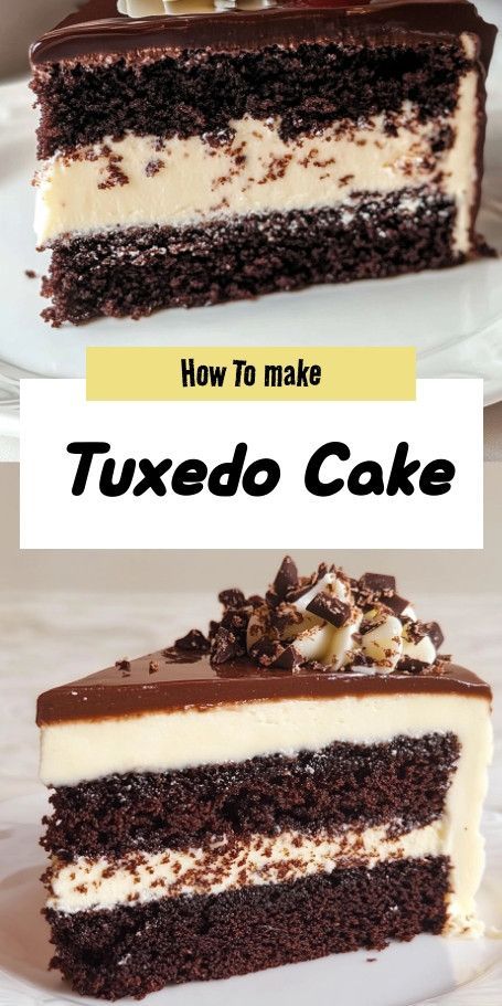 Tuxedo Cake Delight Recipe: Exquisite Chocolate Layer Cake Discover the perfect Tuxedo Cake recipe, featuring layers of rich chocolate cake, creamy white chocolate ganache, and decadent dark chocolate ganache. Ideal for celebrations and special occasions, this showstopping dessert promises a delightful blend of textures and flavors that will impress every guest. ..... Triple Chocolate Ganache Cake, Tuxedo Cheesecake Recipe, Chocolate Swiss Cake, White Chocolate Ganache Cake, Tuxedo Cake Recipe, Chocolate Torte Cake, Triple Layer Chocolate Cake, Triple Chocolate Mousse, Swiss Cake