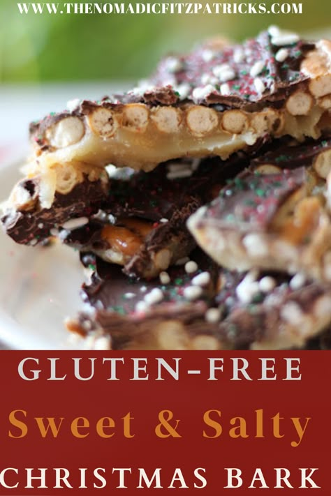 Christmas Bark Gluten Free, Easy Christmas Treats Gluten Free, Gluten Free Bark Recipes, Gluten Free Candy Recipes, Gluten Free Christmas Baking, Christmas Chocolate Recipes, Gluten Free Finger Foods, Pretzel Bark Recipes, Gluten Free Christmas Treats