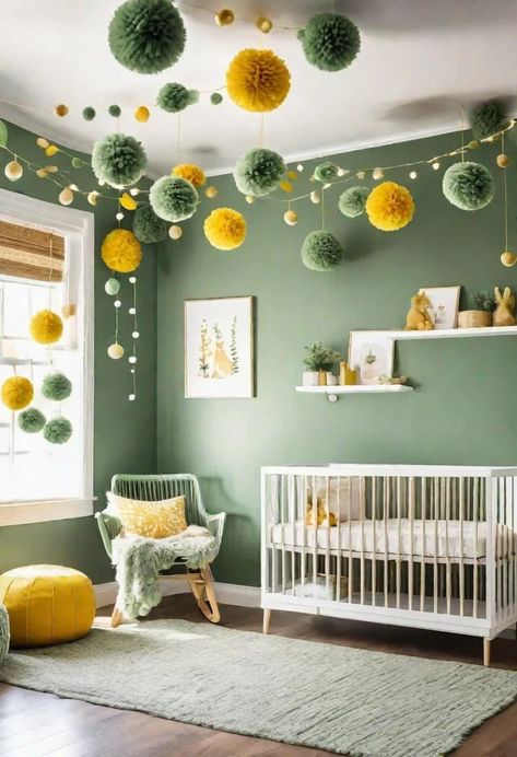 Green And Yellow Nursery, Sage Green Nursery Ideas, Green Nursery Ideas, Twin Boys Room, Sage Green Nursery, Yellow Baby Room, Green Boys Room, Nature Inspired Nursery, Green Baby Room