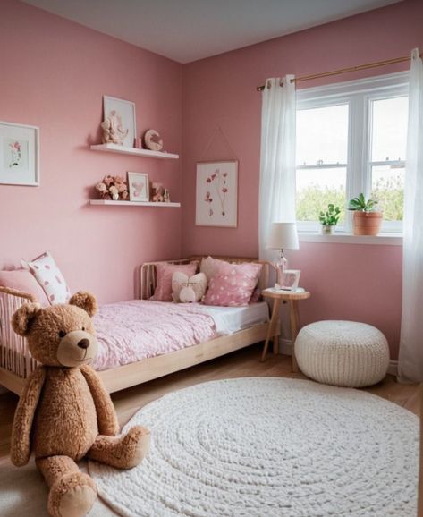 Toddler Girl Room Minimalist, Pink Princess Bedroom Ideas, Toddler Pink Bedroom, Pink Toddler Room, Pink Kids Bedroom, Girls Bedroom Pink Walls, Pink Toddler Bedroom, Pink Bedroom Ideas For Kids, Pink Toddler Rooms