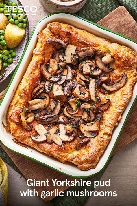 Kids will love this giant Yorkshire pudding filled with garlic mushrooms. Hearty, comforting and budget-friendly, this dish is the perfect winter warmer. | Tesco Giant Yorkshire Pudding Recipe, Hellofresh Vegetarian, Yorkshire Pudding Recipe, Mushroom Dishes, Garlic Mushrooms Recipes, Roast Dinners, Yorkshire Pudding Recipes, Spiced Beef, Mushroom Dish