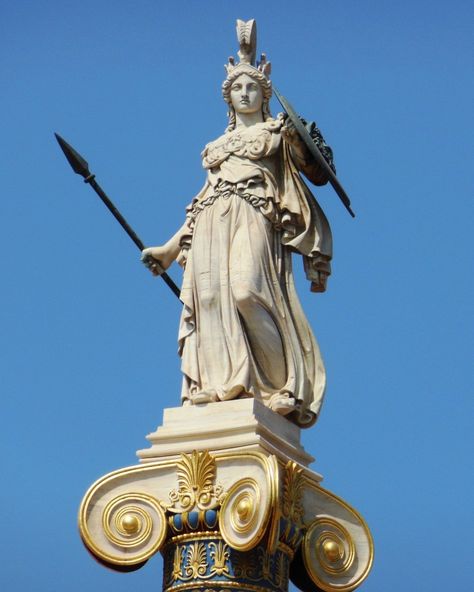 This statue represents the Goddess Athena, the deity for which Athens is named and the Goddess of both Wisdom and War. Pride-fully believing her vigilance and protection to be the reason for the Athenian victory over the Persians, the Athenians made great tributes to her during the apex of their civilization amidst the Classical Period. This Goddess makes for an appropriate representation of an important part of the Classical Period. Greek Goddess Statue, Greek Goddess Of Wisdom, Roman Statue, Lady Justice, Greek Statues, Piper Mclean, Greek Gods And Goddesses, Greek History, Athena Goddess