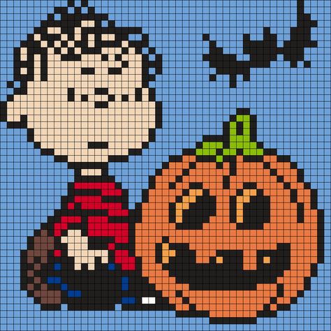 Halloween Linus from Snoopy and the Peanuts Gang (Square Grid Pattern) Peanuts Cross Stitch Patterns, Fall Pixel Art, Halloween Perler, Pixel Art Minecraft, Kandi Cuffs, Square Grid, Graph Crochet, Halloween Cross Stitch Patterns, Motifs Perler