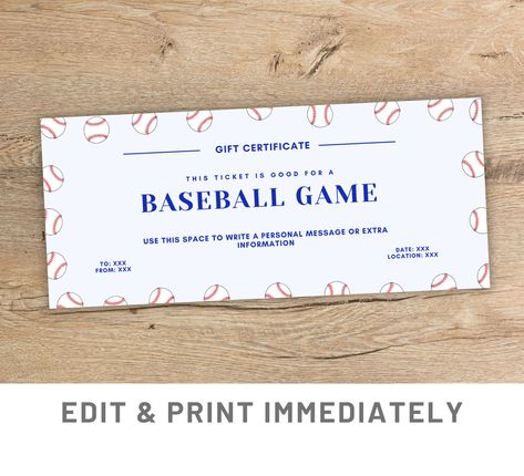 Baseball Gift Coupon Surprise Baseball Game Ticket Printable Canva Template Custom Baseball Game Gift Coupon Baseball Card Last Minute Gift by CCPrintHouse on Etsy Printable Vouchers, Game Ticket, Ticket Printable, Computer Font, Gift Coupon, Game Tickets, Baseball Gifts, Baseball Game, Baseball Games