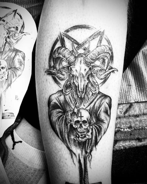 36 Baphomet Tattoos and Their Meanings - Body Artifact Satanic Tattoo Demons, Demonic Tattoos For Men, Antichrist Tattoo, Small Satanic Tattoos, Baphomet Tattoo Design, Dark Gothic Tattoo Ideas, Baphomet Drawing, Demonic Tattoos, Occult Tattoos