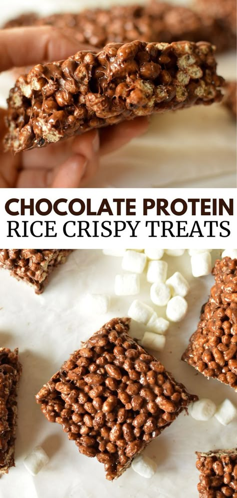 chocolate rice crispy treats Rise Crispy Treats Ideas, Protein Krispy Treats, Rice Krispie Protein Bites, Rice Crispy Protein Bites, Chocolate Crispy Bars, Protein Crispy Bars, Protein Powder Rice Krispie Treats, Rice Krispie Protein Bars, Crispy Protein Bar