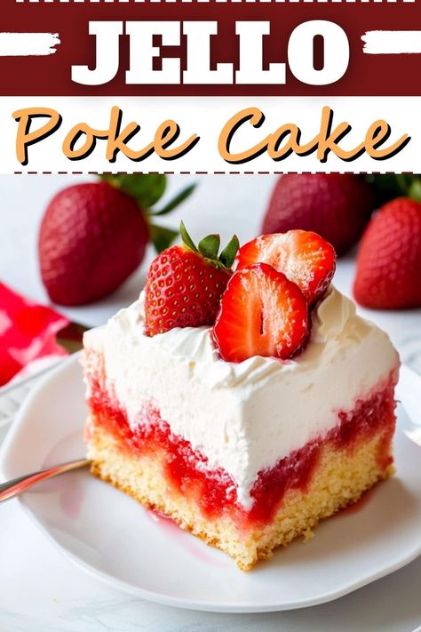 Bright, fun, and oh-so-easy, this jello poke cake is a moist, colorful dessert finished with luscious whipped topping and fresh strawberries. Easy Poke Cake Recipes Simple, Jello Poke Cake Strawberry, Strawberry Poke Cake Jello, Easy Jello Desserts, Vanilla Desert, Strawberry Poke Cake Recipe, Jello Poke Cake Recipe, Cake Box Recipes, Strawberry Jello Poke Cake