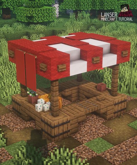 Minecraft Farm Storage Ideas, Minecraft Cute Shop Ideas, Minecraft Stands Ideas, Minecraft Storefront Ideas, Minecraft Farmer Market, Minecraft Building Village Ideas, Markets Minecraft, Minecraft Farmers Market Stand, Minecraft Market Stall Design