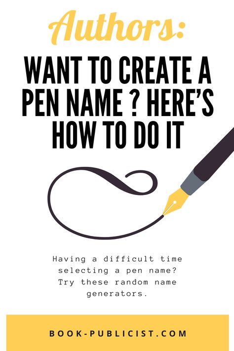 Authors – Want to Create a Pen Name? Here’s How to Do It, Pen name generators. Author Pen Name Ideas, Pen Names For Writers, Pen Name Ideas, Pseudonym Ideas, Pen Name Generator, Random Name, Author Tips, Comic Book Writer, Pen Name