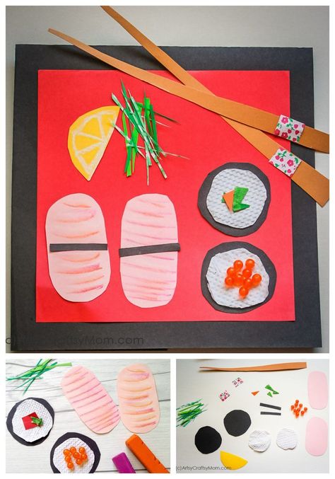 You may need years of training to become a Sushi chef, but not for this easy Paper Sushi Craft! All you need is different kinds of paper in bright colors! World Crafts For Kids, Paper Food Crafts, Sushi Craft, Sandwich Craft, Around The World Crafts, Around The World Crafts For Kids, Ninja Crafts, Paper Sushi, Japan For Kids