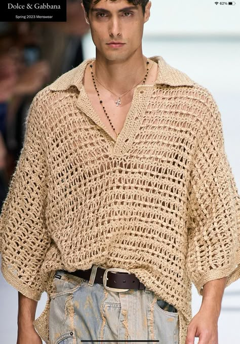 Men's Crochet Sweater, Crochet Suit, Crochet Clothes Men Ideas, Crochet Top For Men, Summer Crochet Men, Male Crochet Top, Mens Crochet Top Outfit, Crochet Menswear, Crochet Shirt Men