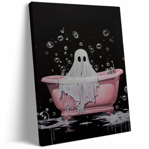 PRICES MAY VARY. Easy To Hang：Retro Halloween Frame wall art Poster size：11*14inchs. Whimsical ghost art already stretched on solid wooden frames, gallery wrapped, with hooks and accessories, ready to hang. The painting can be easily hung in any room you like and is very convenient. Enjoy a hassle-free setup that takes just a few minutes,Perfect for adding an eerie magical touch to any room this wall art features a captivating design that embodies the spirit of the season. High Quality Ghost Can Frankenstein House Decor, Dry Erase Halloween Art, Horror Bathroom Decor, Spooky Things To Paint, Cool Wall Art Paintings, Halloween Restroom Decor, Spooky Season Painting, Ghost Bathroom, Spooky Room Decor