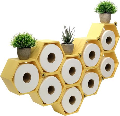 Honeycomb Toilet Paper Holder with Bees - Holds 9 Rolls. Black Toilet Paper Holder, Toilet Paper Holder Stand, Black Toilet Paper, Yellow Wood, Paper Dispenser, Hexagon Design, Wall Mounted Toilet, Toilet Roll Holder, Toilet Paper Roll