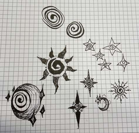 Spiral Tattoo Ideas Swirls, Swirly Moon Tattoo, Swirly Star Tattoo, Swirl Tattoo Spirals, Spiral Sun Tattoo, Spiral Tattoo Ideas, Spiral Doodle, Spiral Star, Swirl Tattoo