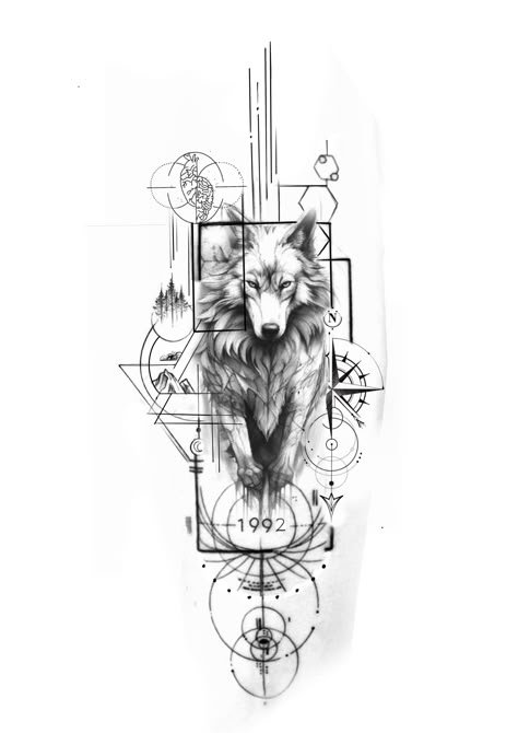 Geometric Concept Tattoo, Minimalistic Wolf Tattoo, Tattoo Writing Designs, Geometric Universe Tattoo, Wolf Face Tattoo, Wolf And Moon Tattoo, Black Dragon Tattoo, Geometric Wolf Tattoo, Geometric Wolf