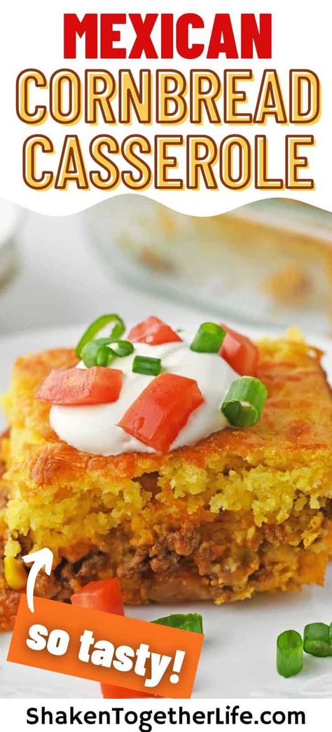 Jiffy Cornbread Casserole is an easy and delicious family-friendly dinner recipe! This loaded ground beef casserole is packed with flavor thanks to Ro-tel, taco seasoning, and lots and lots of cheese and taco toppings! Loaded Cornbread Casserole, Taco Cornbread Casserole Jiffy, Cornbread Dinner Ideas, Mexican Cornbread Jiffy, Jiffy Cornbread Casserole, Easy Mexican Cornbread, Mexican Cornbread Casserole Recipe, Cornbread Dinner, Jiffy Recipes