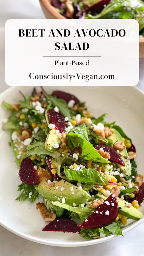 Indulge in the comforting pairing of roasted beets and avocados in this delightful salad. #BeetandAvocadoSalad Avocado Beet Salad, Vegan Beet Salad, Roasted Quinoa Salad, Beet And Avocado Salad, Vegan Beet Recipes, Pickled Beet Salad, Roasted Golden Beets, Simple Salads, Nourishing Meals