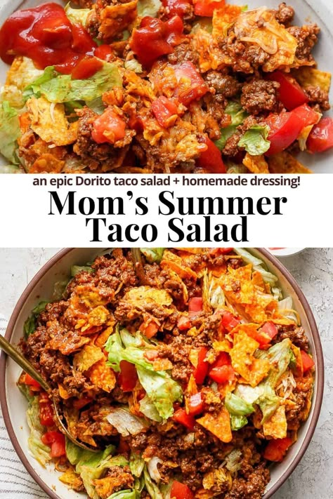 Taco Salad - An epic Taco Salad Recipe that includes Doritos and a homemade tomato-based dressing! Perfect for a hot summer day! #tacosalad #tacosaladrecipe #tacosaladbowls #tacosaladdoritos #tacosaladbar #tacosaladwithdoritos Epic Salad Recipe, Taco Salad Side Dish, The Best Taco Salad, Gluten Free Taco Salad, Dinner On Hot Summer Nights, Taco Salads Recipes, Taco Salad Recipe Dorito, Taco Salad With French Dressing, Dressing For Taco Salad