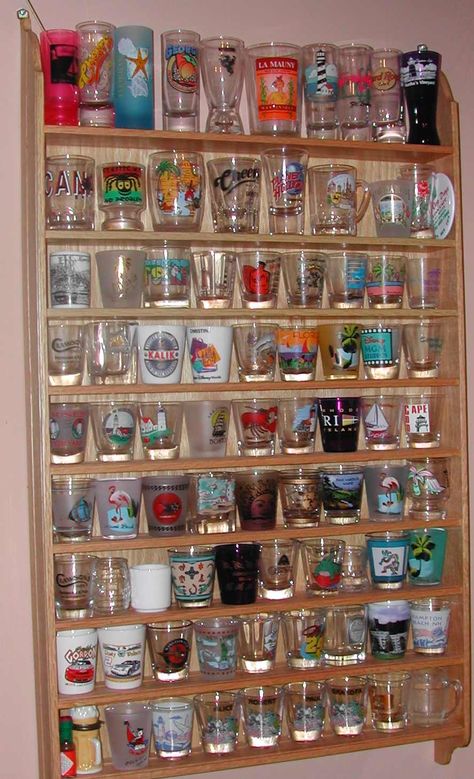 Shot Glass Shelf, Tumbler Display, Shots Glasses, Cool Shot Glasses, Shot Glass Collection, Shot Glass Display, Shot Glasses Display, Souvenir Display, Modern Home Bar