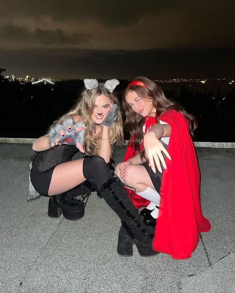 Halloween Costumes Brunette And Blonde, Brunette And Blonde Duo Halloween, Blonde And Brunette Duo Halloween, Brunette Blonde Duo Halloween, Duo Halloween Costumes Aurora And Maleficent, Blonde And Brunnete Girl Duo Halloween, Little Red Riding Hood Halloween, Wolf Halloween Costume, Anna Cathcart